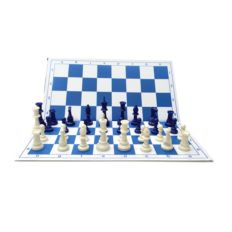 Шахматный набор: доска, мешочек, фигуры без утяжелителя бело-синие